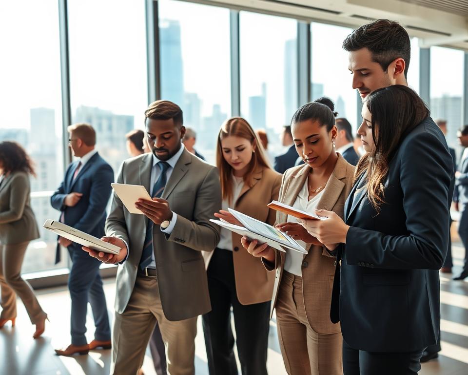 A bustling real estate market scene showcasing a diverse group of professionals in business attire, deeply engaged in a market scan activity. In the foreground, a confident male agent reviews digital tablets displaying market data, while a female colleague takes notes. The middle ground features a modern office space with floor-to-ceiling windows, allowing natural sunlight to flood the room, casting soft shadows. In the background, city skyline views are visible, symbolizing the competitive landscape of the US real estate market. The atmosphere is focused and energetic, highlighting collaboration and strategic planning. The image should be captured from a slightly elevated angle to give depth to the scene.