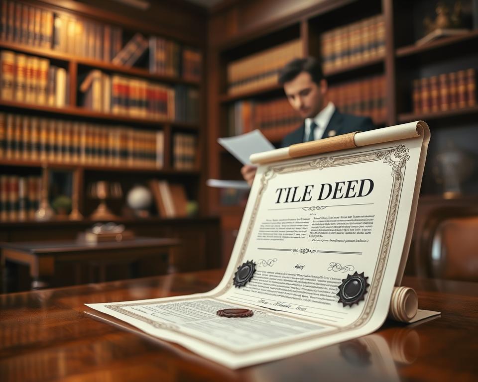 A close-up image of a title deed document displayed prominently on a polished wooden desk. The title deed features ornate borders and is partially scrollable to emphasize its vintage look, with a wax seal and signature to signify authenticity. In the background, softly blurred, there is a well-lit study or office space with bookshelves filled with law books and notable artifacts that suggest property management or ownership. The lighting is warm and inviting, creating a sense of trust and stability. A professional individual, dressed in business attire, is seen in the background, reviewing papers, enhancing the theme of property ownership. The atmosphere conveys professionalism and significance, perfect for illustrating the importance of a title deed.