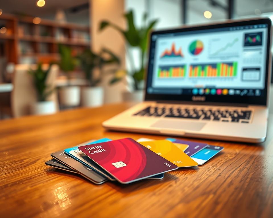 A close-up of an elegant arrangement of starter credit cards displayed on a polished wooden table in a modern office setting. The foreground features an assortment of colorful, stylish credit cards, highlighting their unique designs, with one card slightly raised, catching the light. In the middle ground, a blurred laptop screen shows financial graphs and statistics, suggesting the importance of financial planning. The background includes a softly lit, contemporary office with potted plants and minimalistic decor, creating an inviting atmosphere. The lighting is bright yet warm, conveying a sense of optimism and professionalism. The angle is slightly tilted downwards, focusing on the cards while providing a glimpse of the workspace, evoking a mood of financial empowerment and opportunity.