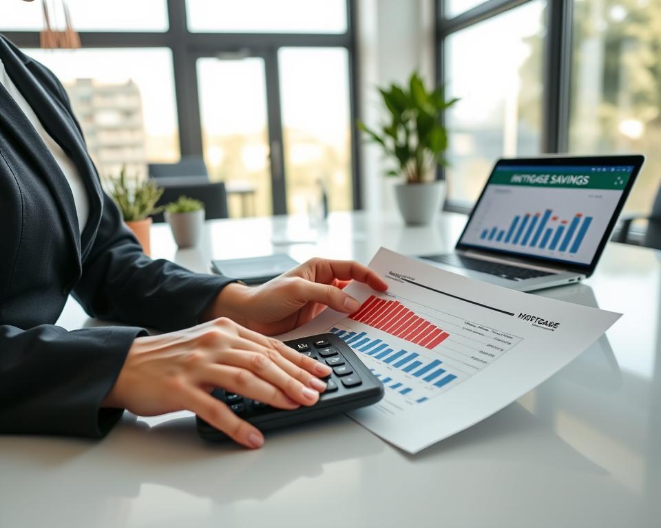 A close-up scene featuring a professional businesswoman analyzing mortgage interest savings documents on a sleek modern desk. In the foreground, her hands are placed on a calculator and paperwork with organized charts illustrating decreasing interest rates and savings over time. The middle ground reveals a laptop screen displaying a mortgage calculator, alongside a decorative potted plant that adds a touch of warmth. The background features a bright, airy office with large windows allowing natural light to fill the space, creating a sense of optimism and clarity. Capture this scene with soft, diffused lighting to enhance the inviting atmosphere. Use an angle that inspires a feeling of focus and efficiency, emphasizing the theme of financial wisdom and the importance of structured savings.