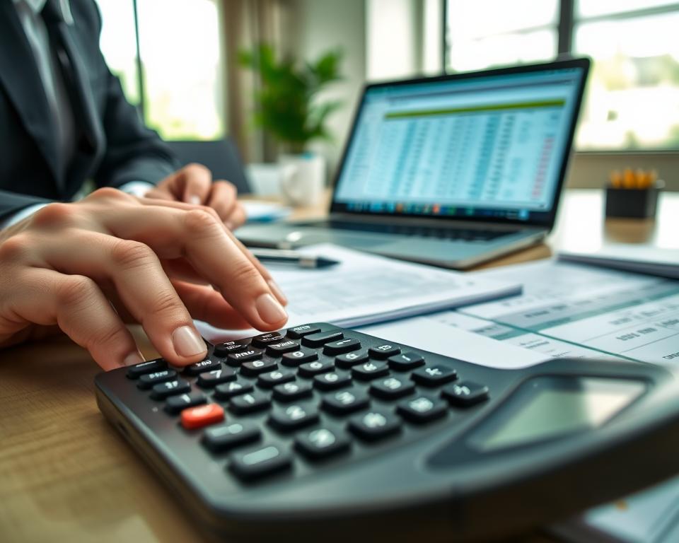A close-up view of a calculator displaying monthly payment calculations, with formulas and amortization schedules evident on the screen. In the foreground, a pair of hands in professional business attire is entering numbers, while a notepad with detailed calculations lies beside the calculator. The middle ground features a well-organized desk with financial documents and a laptop open to a spreadsheet. The background includes a softly blurred office environment with natural light filtering through a large window, enhancing the sense of clarity and focus. The mood is serious yet organized, reflecting a professional atmosphere of financial planning and analysis.