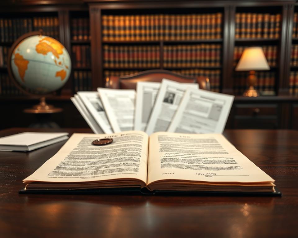 A close-up view of a collection of official property documents, prominently featuring a title deed in an elegant presentation. The foreground showcases an open document with detailed legal text, a wax seal, and a signature line, all arranged on a dark mahogany table that adds richness to the scene. In the middle, several other documents, such as tax records and property surveys, are slightly fanned out to suggest depth and importance. The background is softly blurred, revealing a dimly lit office with a vintage globe and bookshelves filled with law books, enhancing the scholarly atmosphere. Soft, warm lighting highlights the textures of the paper and wood, creating a serious yet inviting mood.