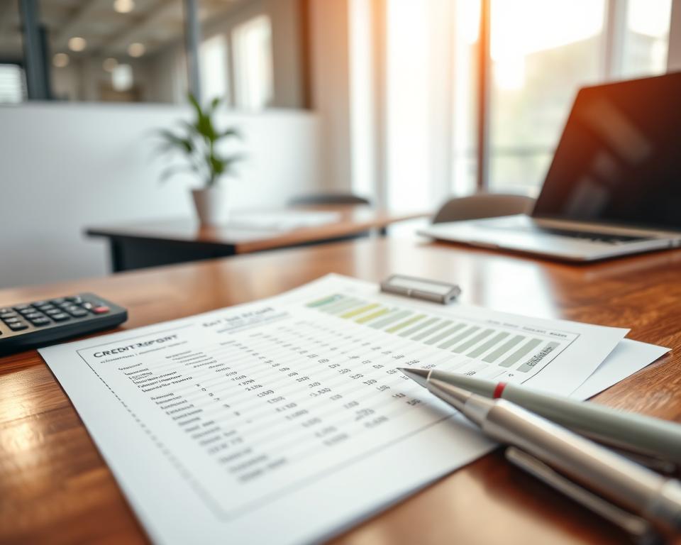A close-up view of a detailed credit report laid on a polished wooden desk. The foreground features a well-organized report displaying scores, payment history, and credit inquiries, with a pen and a calculator nearby. In the middle ground, a soft-focus background showcases a modern office setting with a potted plant and a laptop, subtly indicating an environment of financial organization and professionalism. The lighting is warm and inviting, highlighting the report's details while casting soft shadows. The atmosphere conveys a sense of clarity and professionalism, ideal for understanding financial aspects. No people are present in the scene.