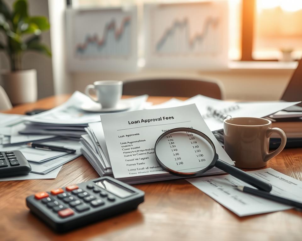 A close-up view of a wooden desk cluttered with financial documents related to loan approval fees, such as spreadsheets and invoices. In the foreground, a calculator and a coffee cup add a touch of warmth to the scene. In the middle, a neatly arranged stack of paper prominently displays an itemized list of loan approval fees, highlighted with a magnifying glass for emphasis. In the background, soft-focus financial charts can be seen on the wall, showcasing fluctuating interest rates. Bright, natural light filters through a window, casting gentle shadows and creating an inviting atmosphere. The mood is professional and focused, reflecting the serious nature of financial decisions in a cozy office setting, with no human figures present.