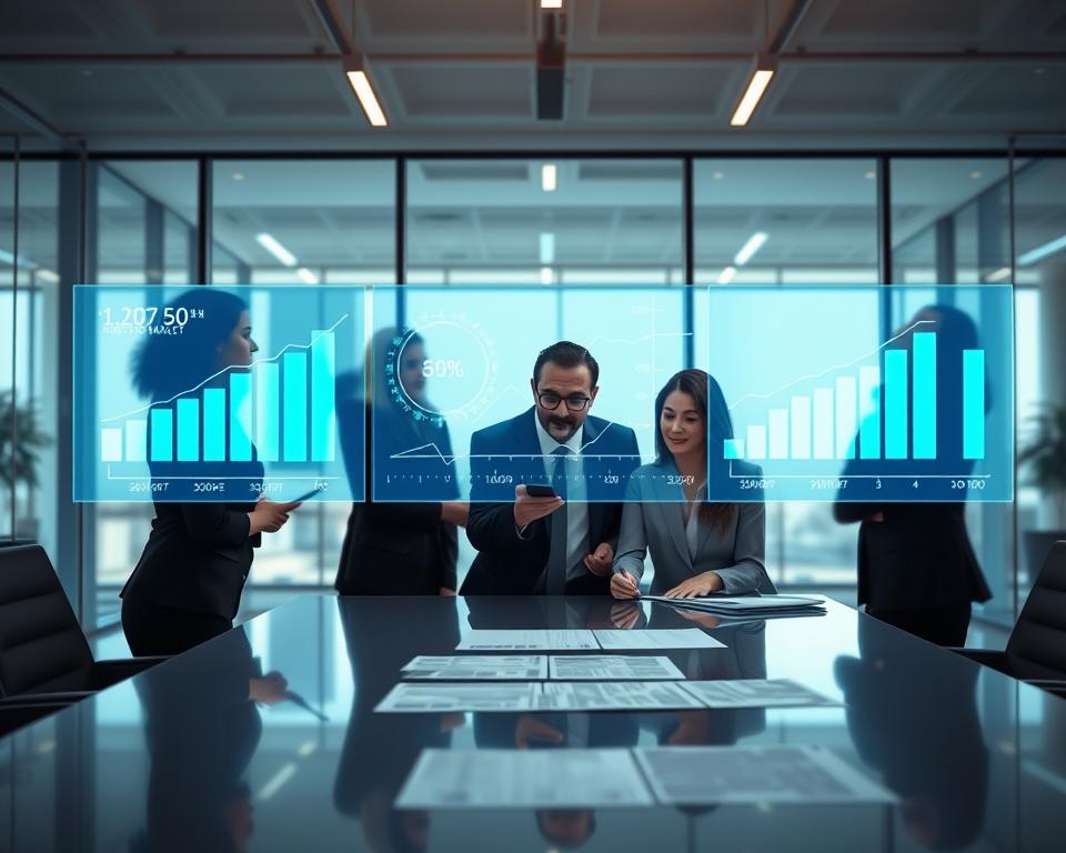 A conceptual illustration depicting the "credit impact" of monthly installment agreements. In the foreground, a diverse group of three professional individuals, one male and two females, are discussing financial documents at a sleek conference table, dressed in business attire. The middle section features a digital overlay of graphs and charts illustrating credit scores and payment timelines, glowing softly in blue and green tones. In the background, a modern office space with large windows allowing natural light to illuminate the scene, creating a dynamic atmosphere. The mood is serious yet collaborative, emphasizing the importance of understanding financial responsibilities. Capture the image from a slightly elevated angle to provide depth and focus on the interaction among the individuals and the data displayed.