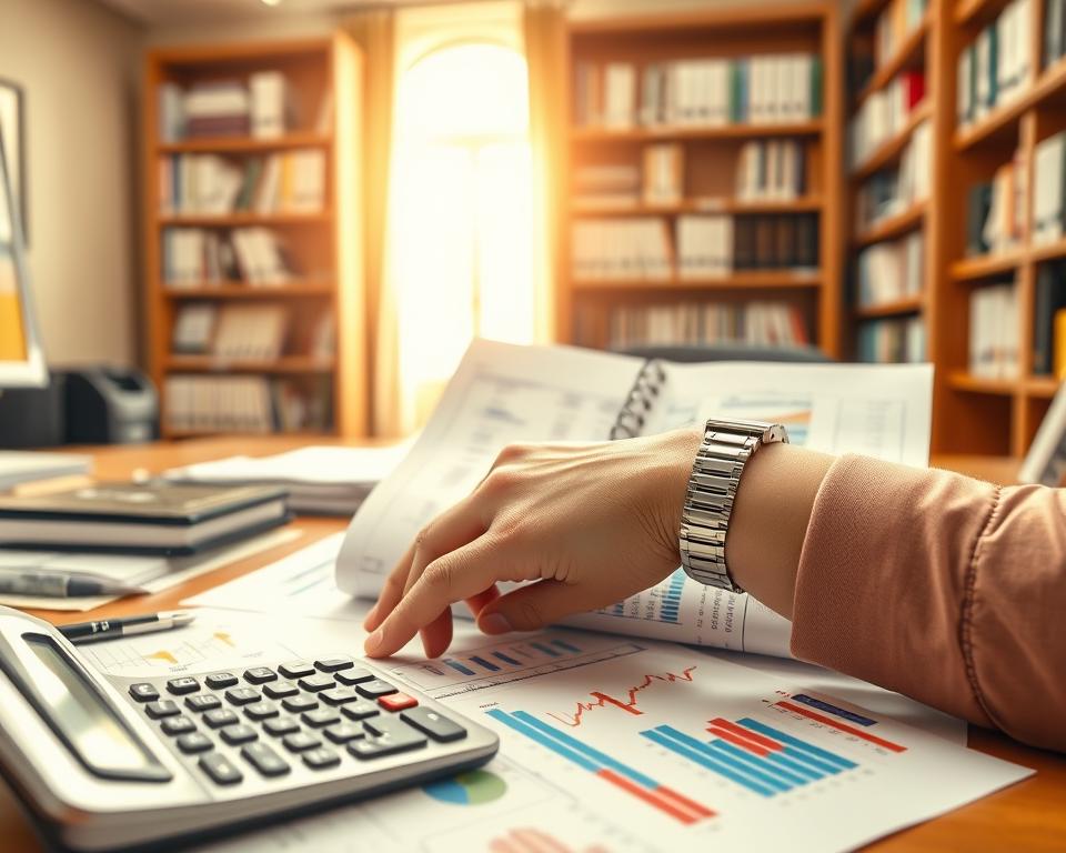A detailed and informative amortization schedule displayed prominently on a well-organized desk, featuring financial documents and a calculator amid a warm office environment. In the foreground, a sophisticated calculator is open, revealing numbers and amortization calculations, while colorful graphs and charts are spread out beside it, illustrating real-world applications of amortization. In the middle, an elegant hand, wearing a professional watch, is adjusting a financial document, emphasizing engagement with the schedule. In the background, soft natural lighting filters through a large window, casting a warm glow over bookshelves filled with finance books. The overall mood is focused and productive, ideal for conveying clarity in financial planning.