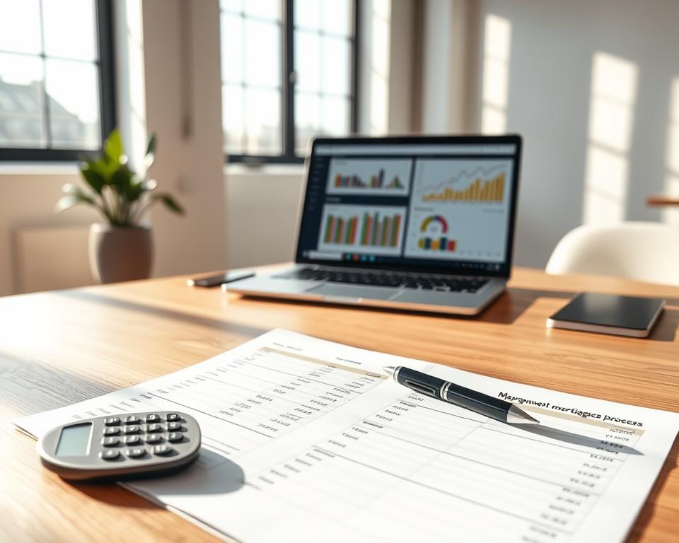 A detailed and organized payment schedule displayed on a sleek wooden desk in an office setting. In the foreground, the payment schedule is opened to a key section, with neatly arranged mortgage loan process steps highlighted. A modern calculator and a pen rest beside it. In the middle ground, a laptop screens a financial software interface, showcasing graphs and charts depicting progress. In the background, large windows allow soft, natural light to pour in, casting gentle shadows across the workspace. The atmosphere is calm and professional, suggesting productivity and focus. The room is furnished with minimalist office decor, including a potted plant, conveying a sense of order and clarity essential for financial planning.