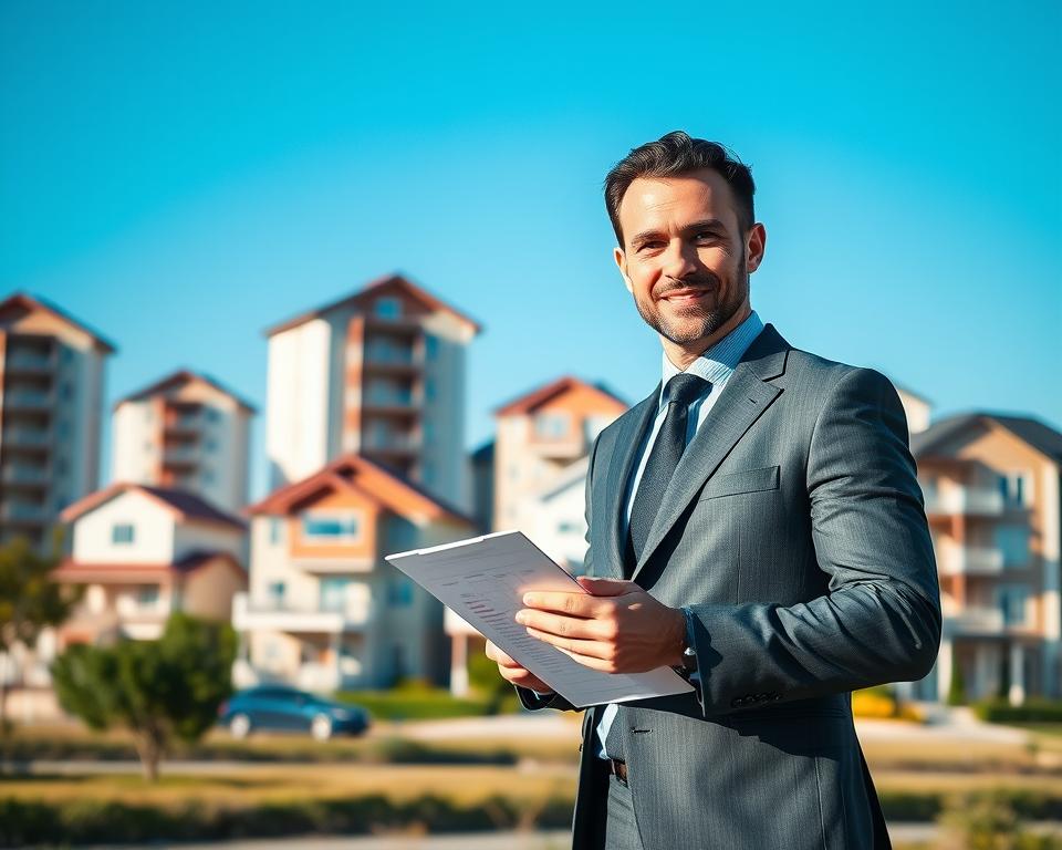 A detailed and professional property assessment scene, featuring a confident real estate agent in a stylish business suit, standing in the foreground holding a clipboard and pointing at a property valuation chart. In the middle ground, multiple houses and apartments are shown, distinctly varying in style and size, symbolizing diverse property options. In the background, a clear blue sky enhances the vibrant atmosphere. Bright, natural lighting illuminates the scene, casting soft shadows and accentuating the colors of the properties. A slight depth of field effect focuses on the agent, creating a sense of professionalism and clarity, while conveying an optimistic mood that reflects opportunities for property value improvement. The overall composition inspires trust and expertise in real estate assessment without any text or overlays.