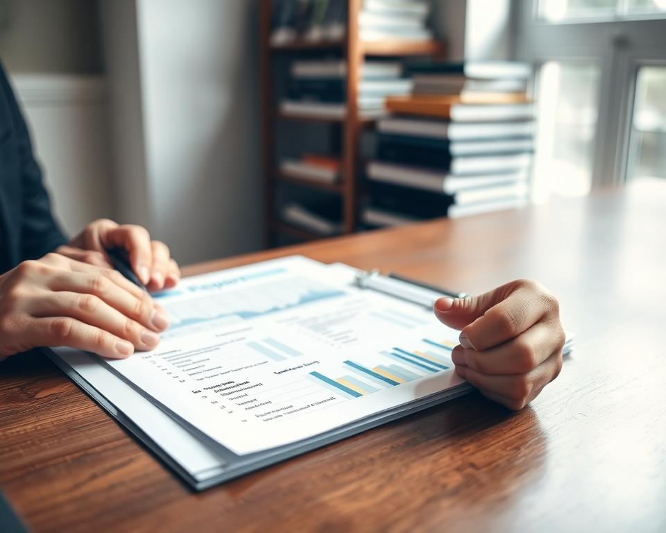 A detailed close-up of a credit report on a wooden desk, featuring a clear view of various sections like credit history, payment history, and credit scores, organized neatly. In the foreground, a pair of professional hands, wearing a smart suit, holds a pen poised to take notes. The middle ground displays the credit report's highlighted sections, with graphs and figures in soft hues to enhance readability. The background is softly blurred, featuring a stacked bookshelf with financial books, adding depth. Natural light filters through a window, casting gentle shadows and creating a calm, professional atmosphere that reflects the importance of credit history for financial well-being.
