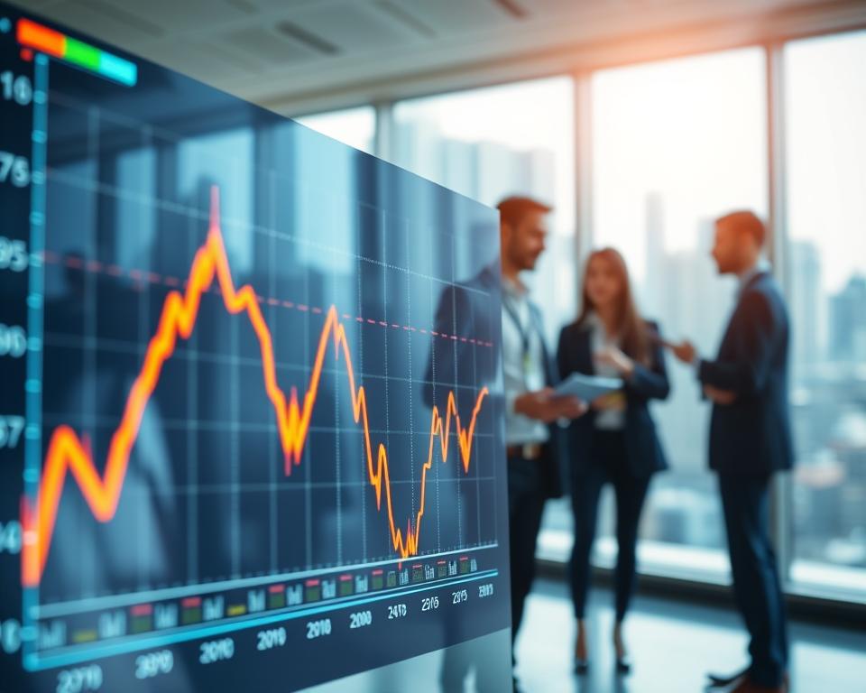 A detailed graph displaying interest rate trends over time, with vibrant lines representing fluctuations, set in a professional business environment. In the foreground, a sleek digital display shows an upward trend with clear indicators and markers, demonstrating efficiency in understanding the rates. The middle ground features a blurred office scene with focused professionals in business attire analyzing data, symbolizing teamwork and clarity. The background incorporates a soft-focus city skyline through a large window, suggesting an interconnected financial landscape. The overall lighting is bright and optimistic, streaming in from the window, creating a mood of progress and insight. Shot from a slight angle to add depth, emphasizing the importance of understanding interest rates in achieving financial efficiency.