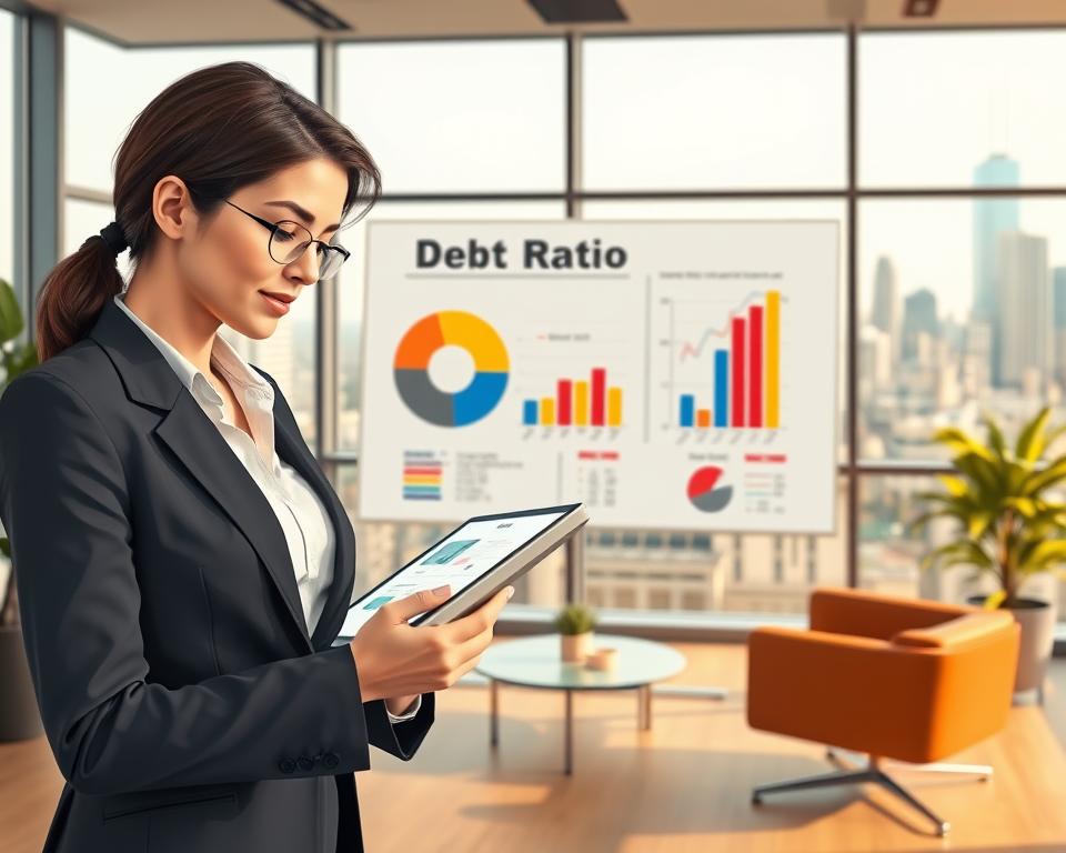 A detailed illustration depicting the concept of "debt ratio" in a professional setting. In the foreground, a confident businesswoman in professional attire is examining financial charts and graphs on a digital tablet, her expression focused and analytical. In the middle ground, a large whiteboard displays a pie chart and bar graph representing different debt ratios, with colorful indicators that highlight key information. The background features a modern office environment with sleek furniture, large windows allowing natural light to pour in, and a city skyline view. Use warm lighting to create an inviting atmosphere, shot from a slightly elevated angle to capture the dynamic workspace. The overall mood should convey professionalism and clarity, emphasizing the importance of understanding financial metrics.
