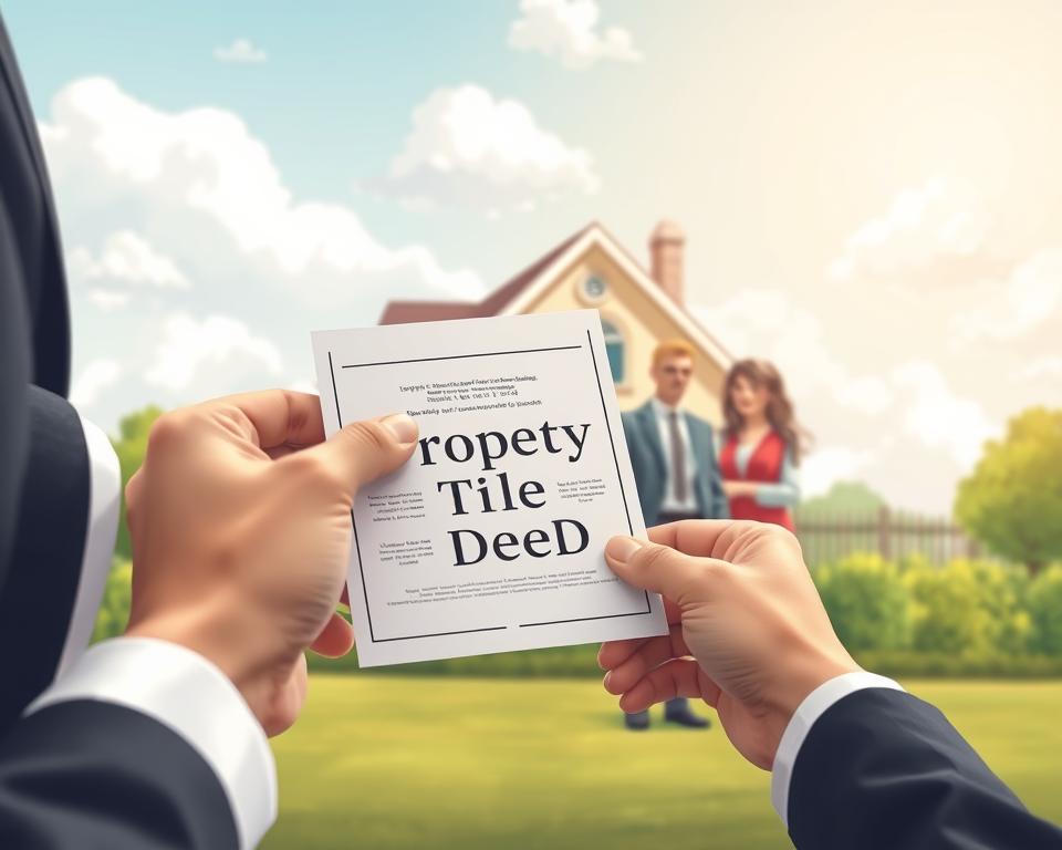 A detailed illustration depicting the concept of property transfer through a deed. In the foreground, a pair of hands, one belonging to a professional in business attire, holding a legal document that reads "Property Title Deed." The middle ground features a diverse group of individuals engaged in a transaction, including a smiling couple and a real estate agent. They are standing in front of a charming house, symbolizing home ownership. The background shows a sunny day with fluffy clouds, enhancing a positive, hopeful atmosphere. The image should have soft, natural lighting to create an inviting mood, captured from a slight angle to provide depth, emphasizing the transaction's importance.