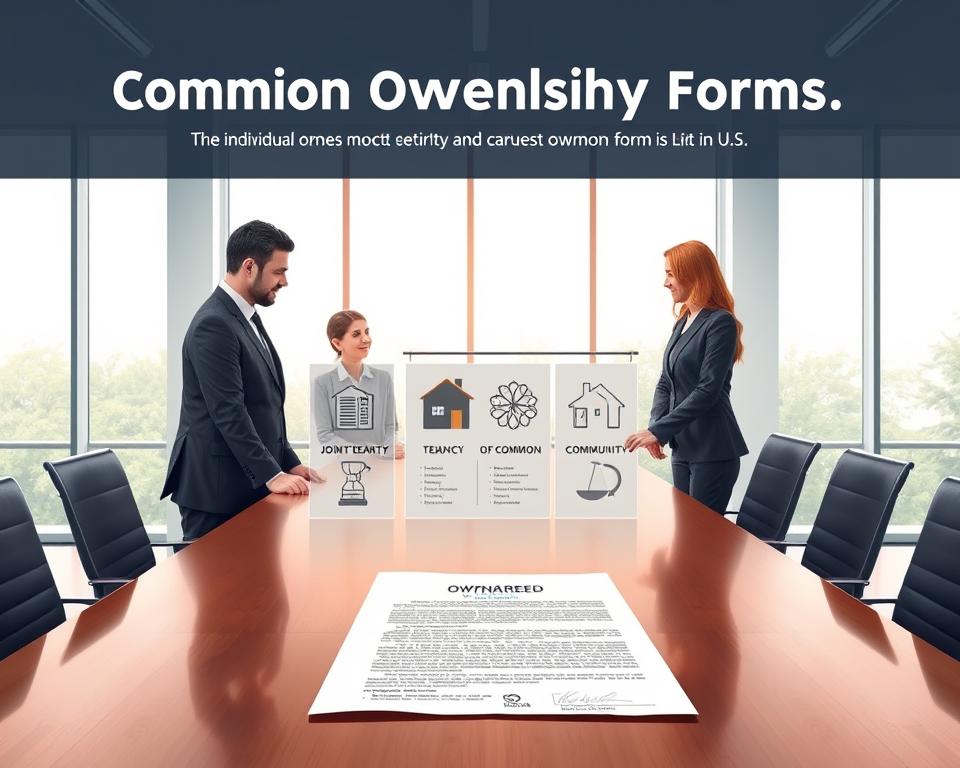 A detailed illustration depicting the various common ownership forms in the U.S., including individual ownership, joint tenancy, tenancy in common, and community property. In the foreground, display professional individuals in business attire discussing a large property deed on a conference table, symbolizing collaboration and legal matters. The middle section should feature visual representations of each ownership form, such as icons or diagrams that clarify their characteristics. The background includes a modern office setting with large windows allowing natural light to flood the space, enhancing a professional and informative atmosphere. The lighting is bright yet soft, emphasizing clarity and focus on the subject. The composition is balanced, aimed at educating viewers about property ownership in a visually appealing manner.