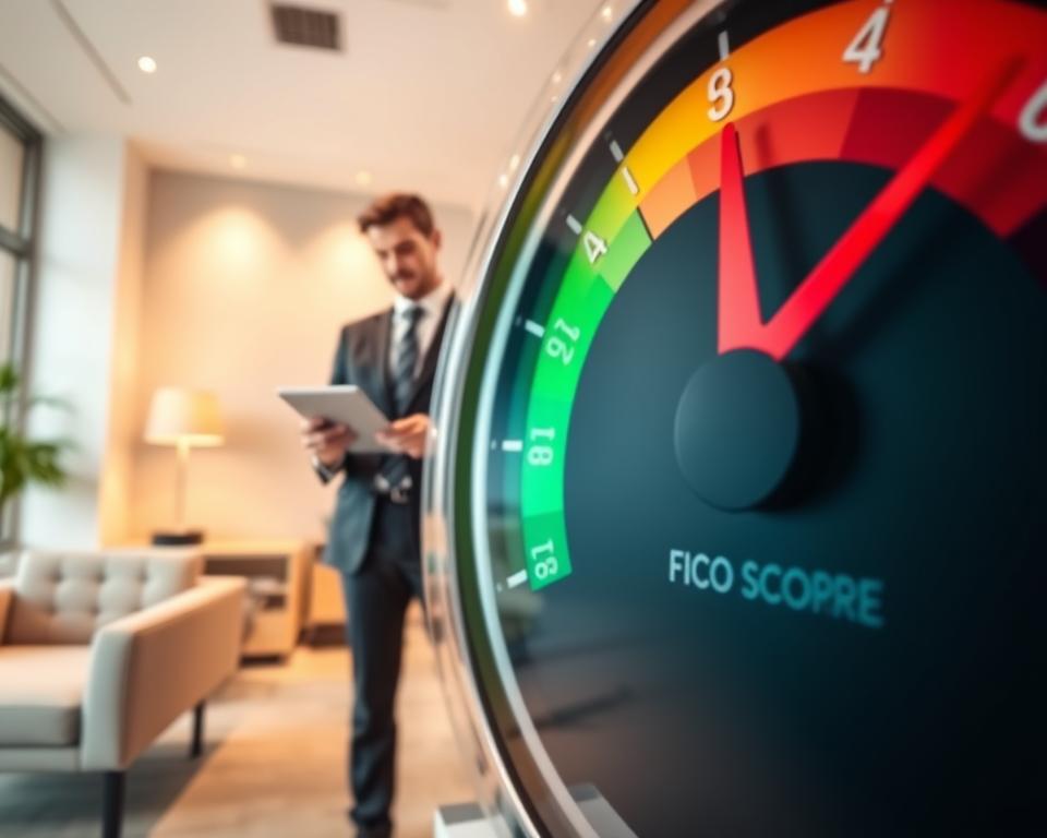 A detailed illustration of a FICO score gauge, prominently displayed in the foreground, showing the range from poor to excellent scores in vibrant colors. The gauge is designed like a speedometer, with green, yellow, and red zones clearly marked. In the middle ground, a professional businessperson, dressed in formal attire, is analyzing their credit score report on a sleek tablet, looking thoughtfully towards the gauge. The background features a soft-focus office environment with light-colored walls and modern furniture, creating a professional atmosphere. Warm, diffused lighting enhances the scene, providing a welcoming mood. The angle is slightly elevated, capturing both the gauge and the individual effectively, emphasizing the importance of understanding credit scores.
