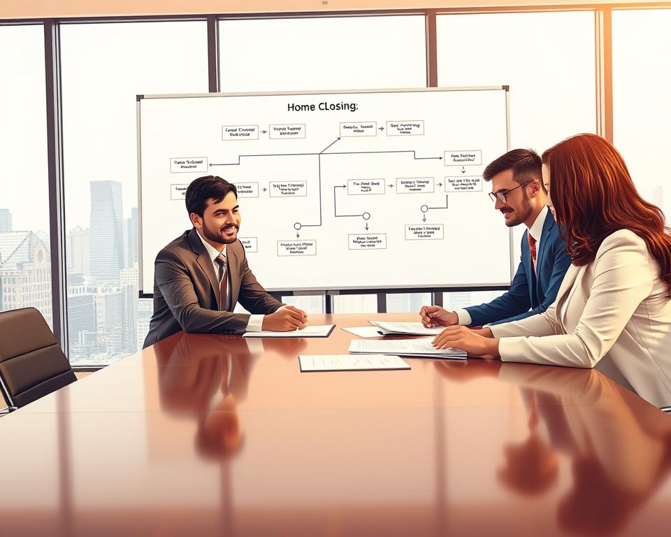 A detailed illustration of a "Workflow home closing process" scene. In the foreground, a diverse group of three professionals in business attire—two men and one woman—are reviewing documents at a polished conference table. In the middle ground, a large whiteboard displays a flowchart outlining the steps involved in the home closing process, with arrows connecting each stage clearly labeled. The background shows a modern office setting with large windows letting in natural light, showcasing a city skyline. The atmosphere is focused and collaborative, emphasizing professionalism and clarity. Use warm lighting to create an inviting environment, with a slight depth of field to keep the focus on the table and the foreground subjects.