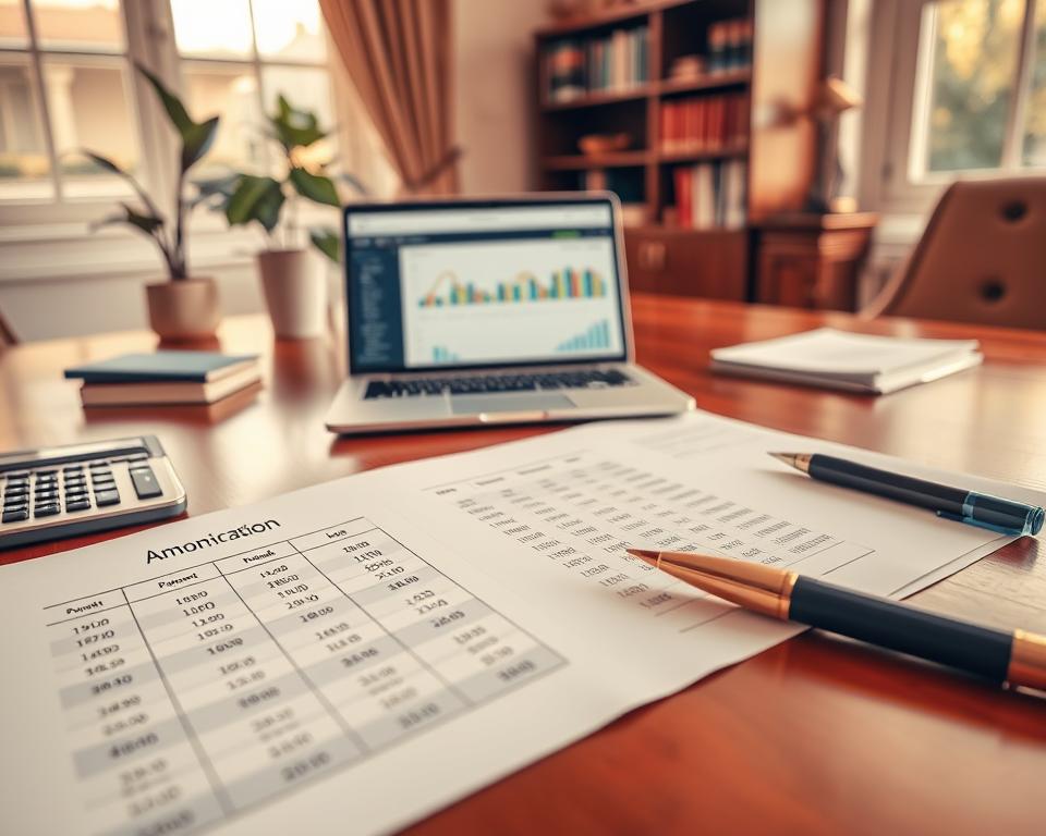 A detailed illustration of an amortization schedule spread across an elegant wooden desk. In the foreground, a clean sheet of paper displays a neatly formatted table of numbers with rows and columns labeled for payment amounts, interest, and remaining balance. To the side, a calculator and a stylish pen emphasize the planning aspect of loan repayment. The middle of the image features a soft focus on a laptop screen showcasing a financial software interface with colorful graphs and trends, suggesting organization and strategy. Background elements include a tasteful, well-lit office environment with a potted plant and a bookshelf filled with financial books, conveying a professional yet approachable atmosphere. Warm, natural lighting filters in from a window, creating a calm and productive mood.