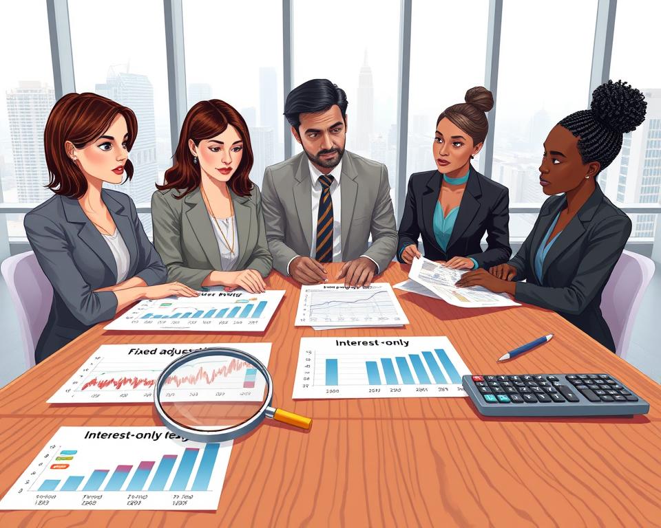 A detailed illustration representing various mortgage rate types and terms in a professional setting. In the foreground, showcase a wooden table with charts and graphs depicting fixed, adjustable, and interest-only mortgage rates. Include a magnifying glass and a calculator to emphasize analysis. The middle ground features a diverse group of three professionals (a Caucasian woman, a Hispanic man, and an African American woman) dressed in business attire, engaged in discussion while reviewing the documents. In the background, a modern office with large windows showing a cityscape and soft natural light filtering through, creating a calm and focused atmosphere. The overall mood should convey professionalism and careful consideration, highlighting how different rate types affect mortgage payments.
