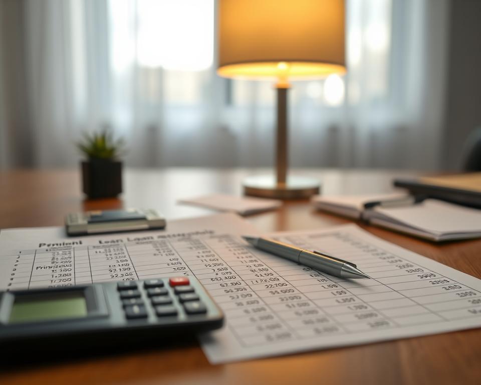 A detailed loan amortization schedule displayed on a wooden desk, emphasizing key options for calculating payments. In the foreground, a neatly organized spreadsheet with rows and columns filled with numbers, highlighting principal, interest, and payment dates. A calculator with a green display and a stylish pen lie beside the spreadsheet. In the middle, a well-lit lamp casts a warm glow, creating a focused workspace atmosphere. The background features an abstract blurred view of a window with soft daylight streaming in, adding a sense of serenity and professionalism. Capture a modern business environment; ensure the scene feels inviting and conducive to financial planning, with soft shadows and a clean composition.