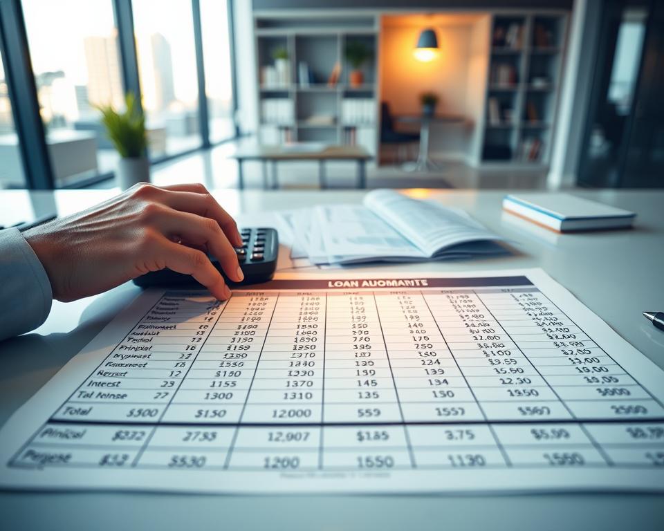 A detailed loan amortization table spread across a clean, modern workspace. The table should display clear columns with figures for principal, interest, total payment, and remaining balance, laid out in rows. In the foreground, a pair of professional business hands reaching towards a calculator and financial documents, indicating active engagement with the data. The middle ground shows the loan table illuminated by soft, warm light, giving a sense of clarity and focus. In the background, a blurred view of a contemporary office environment with bookshelves and a window showcasing a cityscape, adding context without distraction. The overall mood is professional and organized, evoking a sense of responsibility and planning.