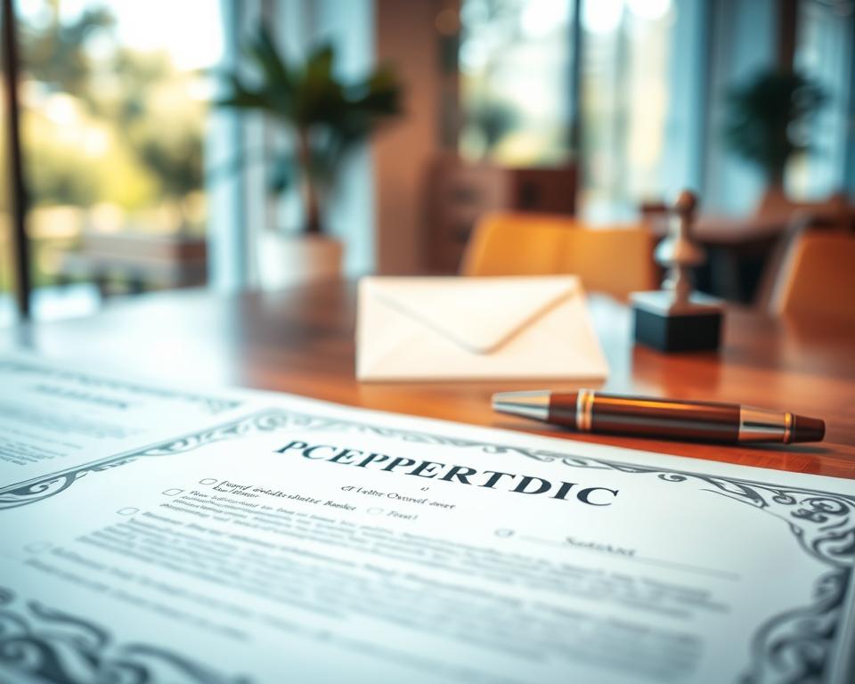 A detailed property ownership document lies prominently in the foreground, displaying an elegant border with intricate designs. The document features checkboxes and lines for signatures, giving a sense of authenticity. In the middle, a polished wooden desk is visible, adorned with a sleek fountain pen and a crisp, empty envelope. The background showcases a blurred, modern office setting with soft natural light filtering through large windows, creating a warm and inviting atmosphere. The entire scene is captured with a shallow depth of field, emphasizing the document while softly blurring the surroundings. The mood is serious yet professional, reflecting the importance of securing property ownership.
