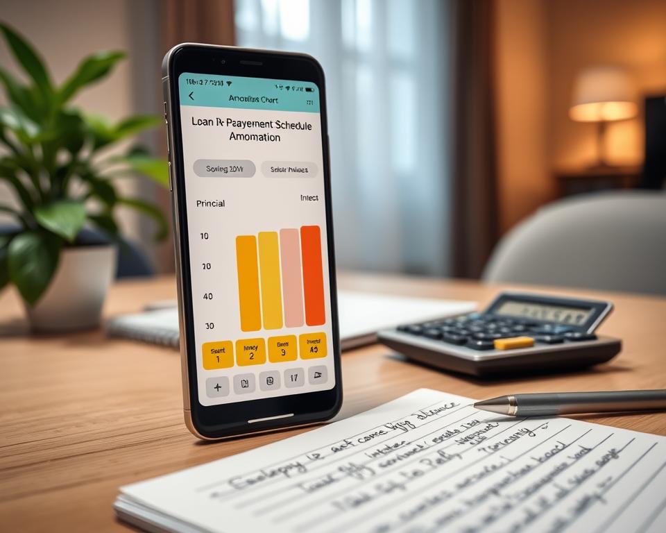 A detailed, visually engaging loan repayment schedule illustration. Foreground: a sleek, modern smartphone displaying a colorful, interactive amortization chart with clear, labeled sections showing principal, interest, and remaining balance. Middle: a well-organized desk with a professional calculator, a notepad filled with neatly handwritten notes, and a pen, suggesting efficiency in financial planning. Background: a softly blurred office space, illuminated with warm ambient lighting, featuring a green plant and a window with natural light filtering through sheer curtains. The mood conveys professionalism and clarity, inviting viewers to understand their loan repayment process effectively. Use a slightly elevated angle to capture all elements harmoniously. No text or watermarks.