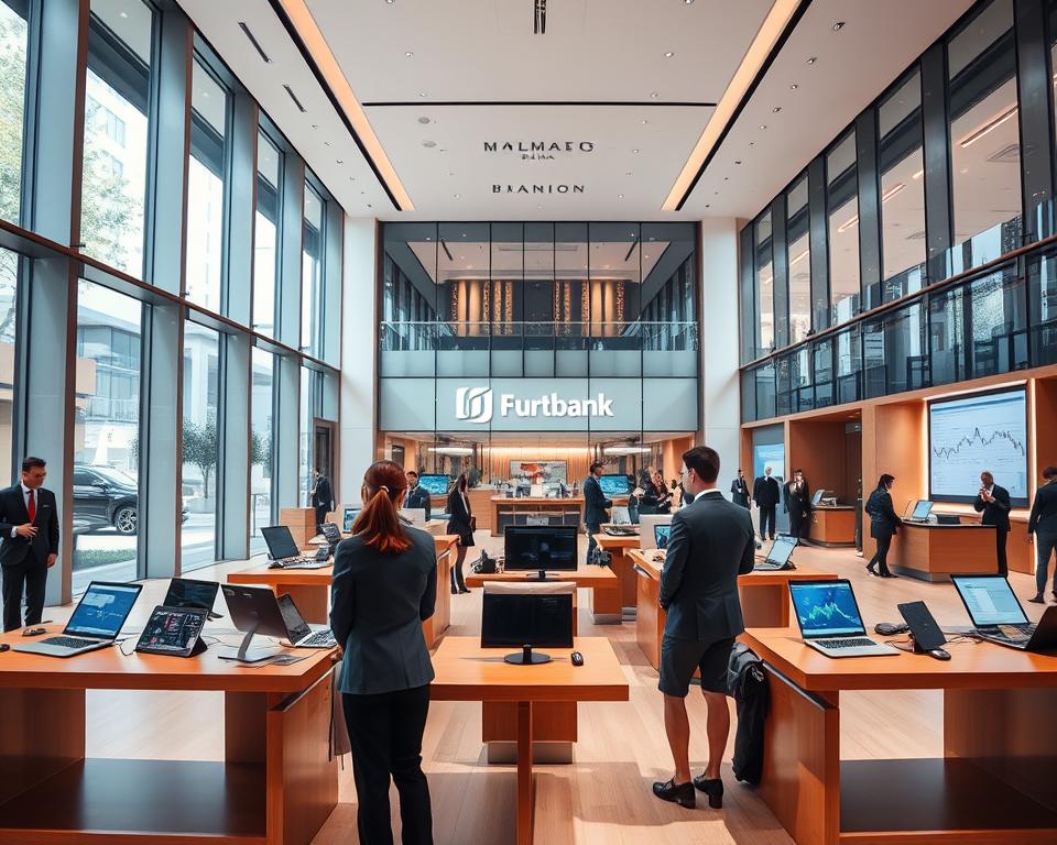 A modern commercial bank interior, featuring sleek architectural lines and large glass windows that allow natural light to illuminate the space. In the foreground, professional employees in business attire are engaging with clients at elegant wooden desks equipped with laptops and financial charts. The middle ground showcases a spacious lobby with high ceilings, contemporary furnishings, and digital displays showing market trends. In the background, the bank's logo is prominently featured on a glass wall. The atmosphere is vibrant yet professional, conveying a sense of trust and innovation in financial services. Soft ambient lighting enhances the inviting mood, while a wide-angle perspective captures the bustling energy of the banking environment.