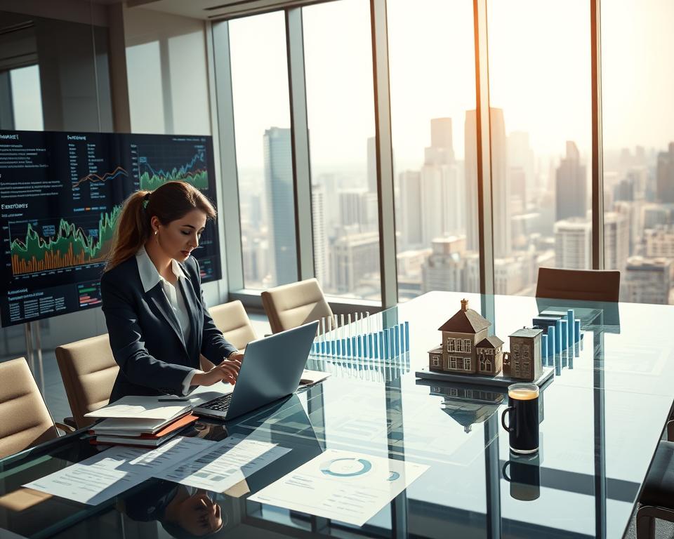 A modern office environment focused on real estate market analysis. In the foreground, a professional businesswoman, dressed in business attire, analyzes graphs and charts on a laptop, surrounded by folders and documents. The middle ground features a large, glass conference table filled with digital displays showcasing market trends, property values, and investment strategies. In the background, large windows reveal a bustling city skyline under natural daylight, casting soft shadows across the room. The atmosphere is one of efficiency and focus, with a sleek, organized aesthetic. The lighting is bright but not harsh, creating a productive mood, ideal for brainstorming and decision-making. The image evokes a sense of professionalism and strategic insight, perfect for illustrating efficiency in real estate investment analysis.