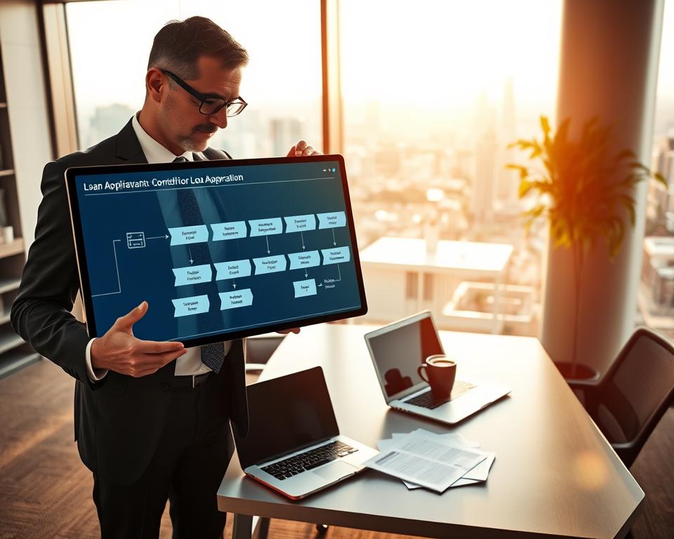 A modern office environment showcasing a digital workflow application for loan approval. In the foreground, a well-dressed professional, a middle-aged man in a business suit, analyzes an interactive touchscreen displaying a flowchart illustrating the loan application process, from submission to funding. The middle layer highlights a sleek modern desk with a laptop, financial documents, and a coffee cup, conveying productivity. In the background, large windows reveal a city skyline under bright daylight, with warm, inviting lighting creating a positive atmosphere. The composition is taken from a slightly elevated angle, emphasizing the technology and the individual's engagement with the process, creating a sense of focus and clarity.