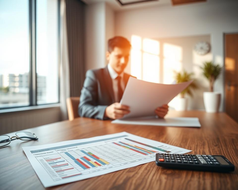A modern office setting highlighting the concept of amortization schedules efficiency. In the foreground, a sleek wooden desk with an opened financial spreadsheet displaying a colorful amortization schedule. Beside it, a high-tech calculator and a pair of glasses create an organized workspace. In the middle ground, a focused business professional in smart attire, reviewing the spreadsheet with a pen in hand, exuding concentration and determination. In the background, a large window allows natural light to flow in, illuminating the room and casting soft shadows. The atmosphere is calm and productive, emphasizing clarity and focus on financial management. Use soft lighting to enhance the professional feel, and opt for a slightly elevated angle to capture both the desk and the employee effectively.
