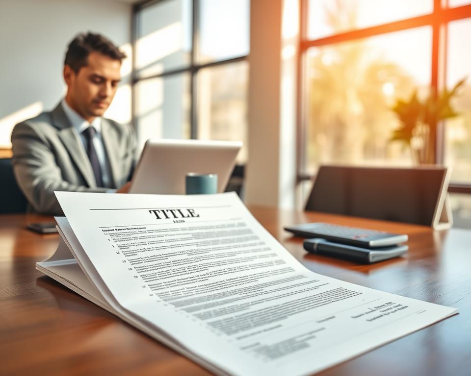 A modern office setting with a polished wooden desk in the foreground, where a realistic title deed document is prominently displayed, lying open to reveal its intricate details. To the left, a professional businessperson in attire, such as a tailored suit, examines the document intently, showcasing an expression of determination and focus. In the middle ground, a laptop and a calculator are visible, indicating the practical side of real estate transactions. The background features a large window, allowing natural sunlight to flood the room, casting soft shadows and enhancing the atmosphere of professionalism and trust. Use warm, inviting colors to evoke a sense of importance and clarity, focusing on the theme of property ownership. The image should be well-lit with a slight depth of field to draw attention to the title deed itself.