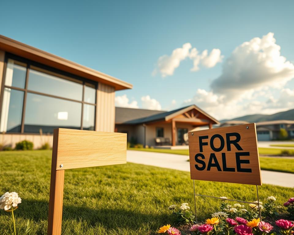 A modern residential property for sale, featuring a welcoming façade with large, energy-efficient windows and a well-kept manicured lawn. In the foreground, there's a polished wooden "For Sale" sign, elegantly placed amidst blooming flowers. The middle section shows the house with a two-car garage and an inviting porch, adorned with tasteful furniture. In the background, gentle hills create a serene and picturesque setting, under a bright blue sky with fluffy white clouds. The lighting is warm and soft, suggesting a late afternoon glow. The angle captures a slight elevation, providing a comprehensive view of the property. The atmosphere is aspirational and optimistic, embodying the potential of homeownership.