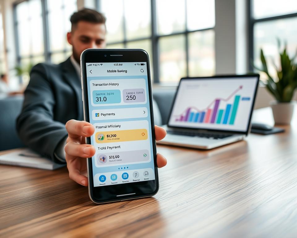 A modern smartphone displaying a user-friendly mobile banking app, set on a sleek wooden desk. In the foreground, a confident professional wearing business attire interacts with the phone, showcasing features like transaction history and bill payments. In the middle ground, a laptop displays graphs symbolizing financial growth and efficiency. The background reveals a bright, open office space with large windows allowing natural light to flood in, creating a warm and inviting atmosphere. Use a slight depth of field to focus on the smartphone while softly blurring the background elements, enhancing the sense of modernity and ease in the financial experience. The overall mood should be positive and empowering, reflecting the advantages of modern financial institutions.