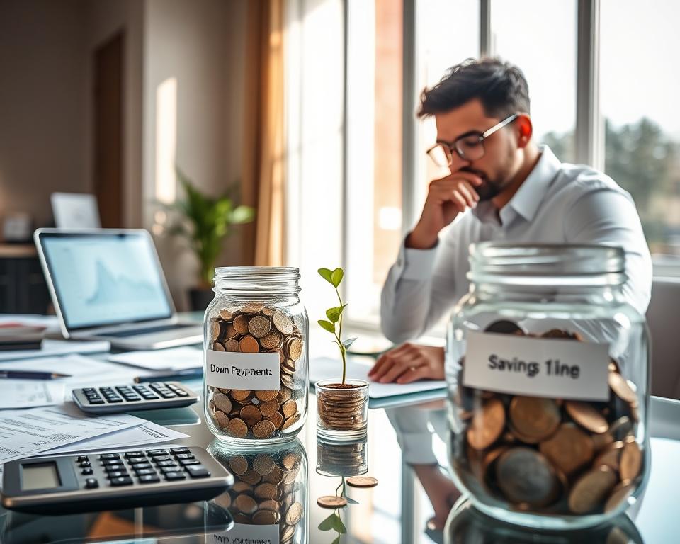 A modern workspace scene showcasing a glass desk cluttered with financial documents, a calculator, and a clear glass jar filled with coins labeled "Down Payment Savings." In the foreground, a well-dressed individual in casual yet professional attire is contemplating while analyzing a chart on a laptop screen showing a savings plan. In the middle ground, a plant adds a touch of greenery next to the jar, symbolizing growth and sustainability in saving. The background features a well-lit room with a large window allowing natural light to flood in, casting soft shadows and creating a warm, inviting atmosphere. The mood is focused and productive, inspiring viewers to envision the process of saving for a home.