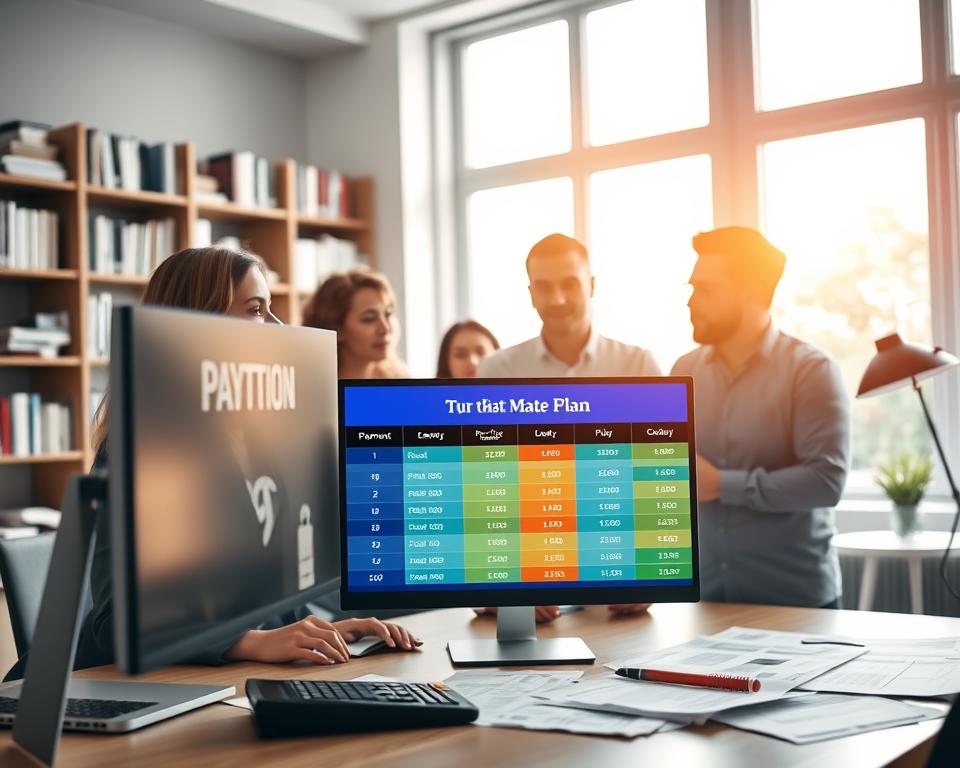 A modern workspace setting showcasing a diverse group of professionals, including a woman in business attire and a man in smart casual clothing, deeply engaged in a discussion. In the foreground, a computer screen displays a colorful digital payment plan chart, with clear sections for payment amounts, due dates, and loan durations. The middle ground features a large window letting in warm, natural light, illuminating the room and highlighting financial documents and a calculator on the table. In the background, a bookshelf filled with financial books and resources adds depth to the scene. The atmosphere is collaborative and focused, conveying a sense of clarity and professionalism in crafting a mortgage payment schedule. The lighting is soft and inviting, creating an optimistic yet serious ambiance.