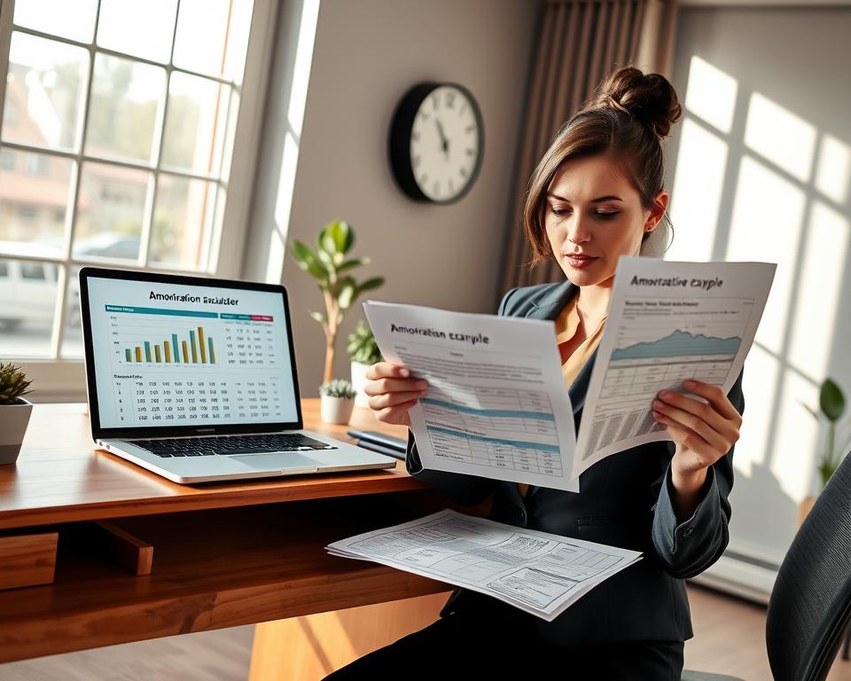 A neatly organized office space showcasing a modern wooden desk with a laptop open to an amortization calculator, displaying graphs and figures of a mortgage example. In the foreground, a professional woman in smart business attire is analyzing a printed document of an amortization schedule, with a focused expression on her face. In the middle ground, a stylishly designed wall clock and potted plant add a touch of warmth and professionalism to the setting. The background features large windows with natural light streaming in, casting soft shadows across the room, creating an inviting atmosphere. The overall mood is one of productivity and clarity, emphasizing the importance of financial planning. Shot with a soft focus lens, capturing the detail of the workspace while gently blurring the background.
