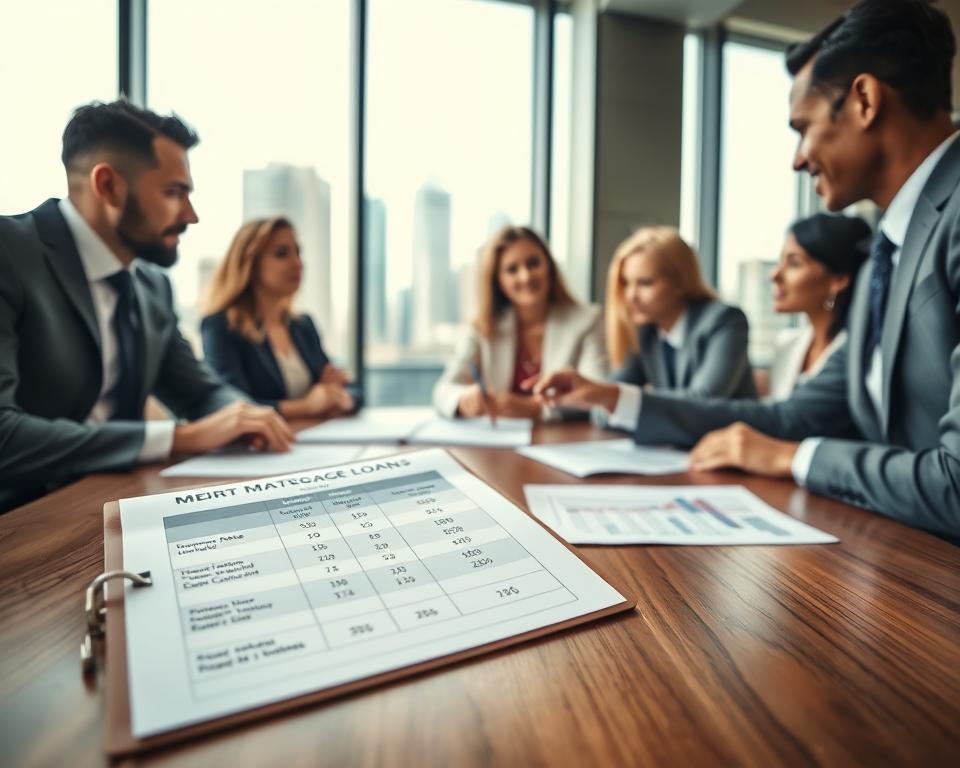A professional and elegant office setting where a diverse group of individuals, dressed in business attire, are engaged in a collaborative discussion around a sleek wooden table filled with charts and documents representing various mortgage loan options. The foreground features close-up details of a clipboard with a comparison table highlighting interest rates, loan terms, and down payment percentages. In the middle, focus on the thoughtful expressions of the participants as they analyze the information, with one person pointing to specific figures. The background displays a large window with natural light flooding in, casting soft shadows, and a modern city skyline visible outside, conveying a sense of opportunity and professionalism. The overall atmosphere is one of focus, collaboration, and informed decision-making.