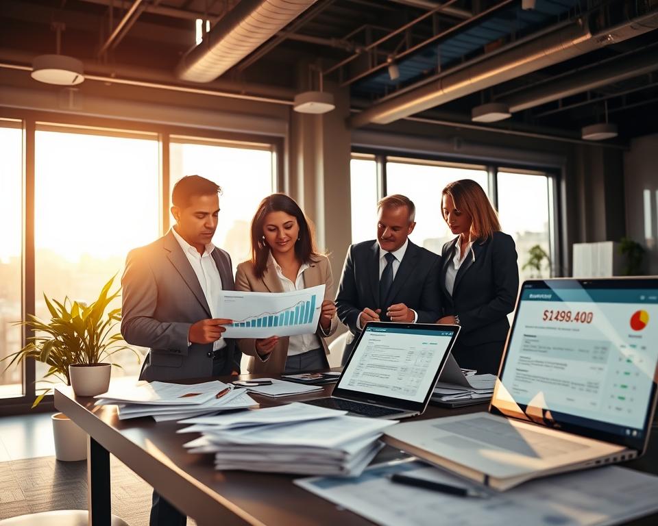 A professional and modern office setting focusing on credit monitoring. In the foreground, a diverse group of three individuals in professional business attire analyze financial charts on a digital tablet, showcasing determination and teamwork. The middle ground features a sleek desk cluttered with credit reports, a laptop displaying real-time credit scores, and a plant adding a touch of life. In the background, large windows let in warm, natural light, casting soft shadows and creating a productive atmosphere. The scene conveys a sense of efficiency and growth, symbolizing smart steps towards improving credit. The camera angle is slightly elevated, capturing all elements cohesively.