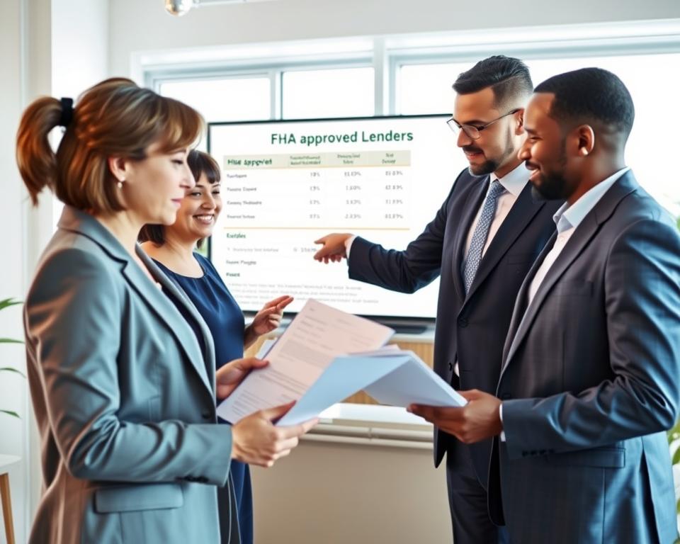 A professional and modern office setting where a diverse group of people is engaged in a discussion about FHA-approved lenders. In the foreground, a middle-aged woman in smart business attire is reviewing documents with a young man who is taking notes. In the middle ground, a housing counselor in a tailored suit is pointing to a chart on a large screen, displaying financial options and approval rates. In the background, a bright window provides natural light, creating a welcoming atmosphere. The color scheme is warm and inviting, utilizing soft blues and greens. The image captures a sense of collaboration and professionalism, highlighting an important moment in the mortgage application process.