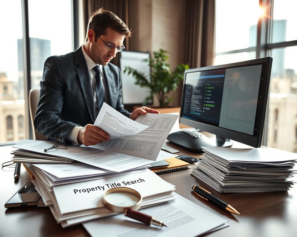 A professional and organized office environment filled with documents and tools related to property title searches. In the foreground, a focused business professional in smart attire examines a collection of title documents and a computer screen displaying relevant data. In the middle ground, a cluttered desk with a magnifying glass, a pen, and a stack of papers labeled "Property Title Search" create a sense of diligence. The background features a large window showing an urban skyline, allowing natural light to fill the space and illuminate the scene. The overall atmosphere is one of concentration and confidentiality, highlighting the important steps involved in securing a title deed. Soft shadows add depth to the scene, while a slight lens flare from the window enhances the professional ambiance.