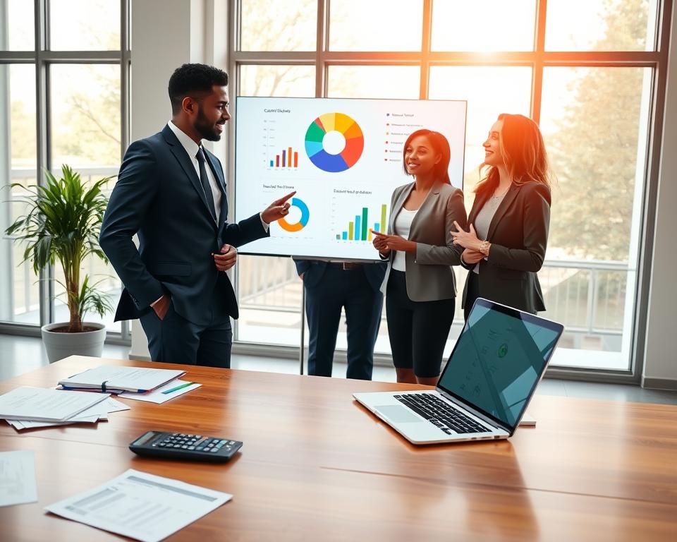 A professional business setting illustrating the key factors influencing credit scores, featuring an elegant wooden desk in the foreground with scattered documents, a calculator, and a laptop displaying graphs. In the middle, a diverse group of three professionals, dressed in smart business attire, actively discussing these credit score factors, pointing at a colorful pie chart on a digital screen behind them. The background includes a well-lit modern office with large windows, letting in warm natural light that enhances a sense of positivity and achievement. The mood is collaborative and informative, emphasizing the importance of understanding credit scores. Use a slightly elevated angle to capture both the subjects and their focused discussions.