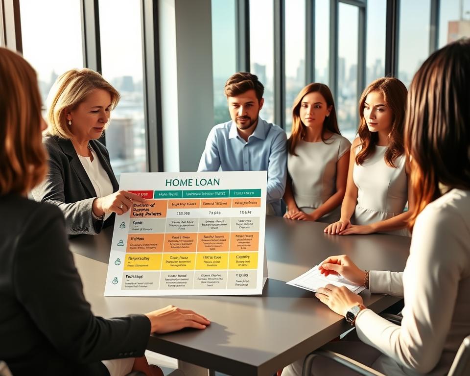 A professional business setting with a diverse group of individuals attentively discussing home loan options around a modern conference table. In the foreground, a middle-aged woman in a smart blazer is pointing at a colorful infographic that outlines different loan types and their minimum down payment requirements. In the middle, a young man in a crisp shirt takes notes, while a woman in a stylish dress observes thoughtfully. The background features a large window allowing natural light to flood in, with the city skyline visible. The atmosphere is focused and collaborative, with warm lighting that creates an inviting, informative mood. The scene should convey professionalism and clarity, with an emphasis on accessibility and understanding of loan requirements.