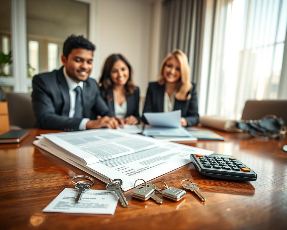 A professional office environment depicting a real estate closing scene. In the foreground, a diverse group of individuals in smart business attire—two clients and a real estate agent—are seated at a polished wooden table, reviewing a stack of documents related to property ownership with focused expressions. In the middle ground, a well-organized display of closing essentials such as a title deed, keys, and a calculator can be seen, highlighting key options like financing and closing costs. The background features a bright window with soft natural light pouring in, creating an inviting atmosphere. The overall mood is one of optimism and professionalism, emphasizing the importance of informed decision-making during the closing process.