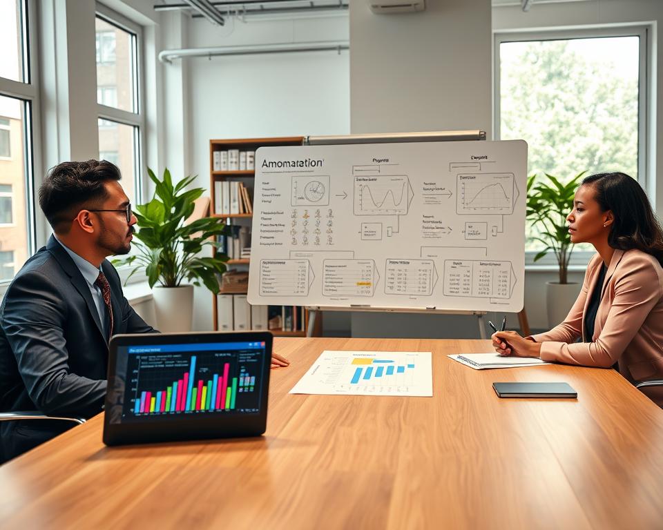 A professional office setting illustrating an amortization workflow. In the foreground, a diverse group of three business professionals (two men and one woman) in smart attire, engaged in a discussion around a modern conference table with a sleek laptop open, displaying colorful charts and graphs. In the middle ground, a large whiteboard filled with diagrams and flowcharts showcasing the amortization process, such as payment schedules and loan breakdowns. The background features a well-lit office with large windows letting in natural light, plants offering a touch of green, and shelves filled with financial books. The mood is focused and collaborative, emphasizing clarity and understanding in financial concepts. Use soft, warm lighting to create an inviting atmosphere.