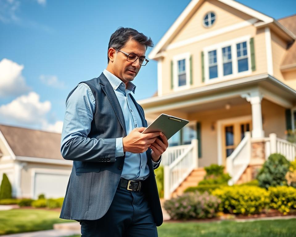 A professional property assessor examining a house, standing in the foreground with a clipboard and a digital device, dressed in smart business casual attire. In the middle ground, a detailed view of the house's façade with well-manicured landscaping, showcasing its architectural features, such as large windows and a welcoming front porch. The background features a clear blue sky with a few fluffy clouds, adding to the bright and inviting mood. Soft, natural lighting illuminates the scene, enhancing the professionalism of the assessment process. The focus is sharp on the assessor and the property, captured from a slightly elevated angle, creating a dynamic sense of workflow and attention to detail.