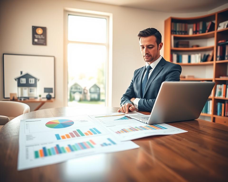 A professional real estate agent in business attire stands at a sleek wooden desk, reviewing property valuation reports on a laptop. In the foreground, a variety of valuation methods displayed on colorful charts and graphs create a dynamic focal point. The middle ground features a large window with a bright view of suburban houses showcasing varying architectural styles, symbolizing diverse property values. Soft natural light floods the room, illuminating the agent's contemplative expression as they analyze data. The background displays shelves filled with real estate books and awards, accentuating their expertise. The atmosphere conveys trust and professionalism, with a warm color palette that invites the viewer into the world of real estate valuation techniques.