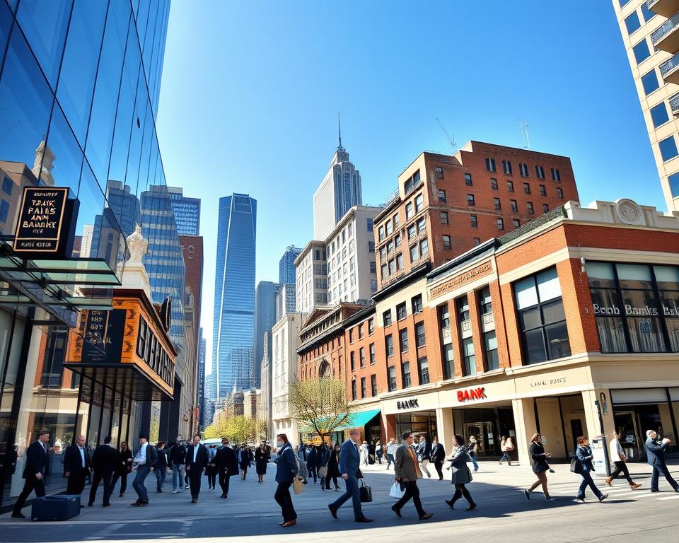A professional urban financial district scene, showcasing various types of banks in a modern cityscape. In the foreground, a sleek, glass-fronted bank building with a reflecting facade, featuring clear signage and professional figures in business attire entering and exiting, exuding confidence and success. In the middle ground, a bustling street with diverse architecture, including a traditional brick bank and a contemporary financial institution, surrounded by people engaged in business discussions. The background displays a skyline with tall skyscrapers under a bright blue sky. Soft sunlight casts gentle shadows, creating an inviting atmosphere. Capture this scene from a slightly elevated angle to provide a comprehensive view, highlighting the dynamic and interconnected nature of financial institutions.