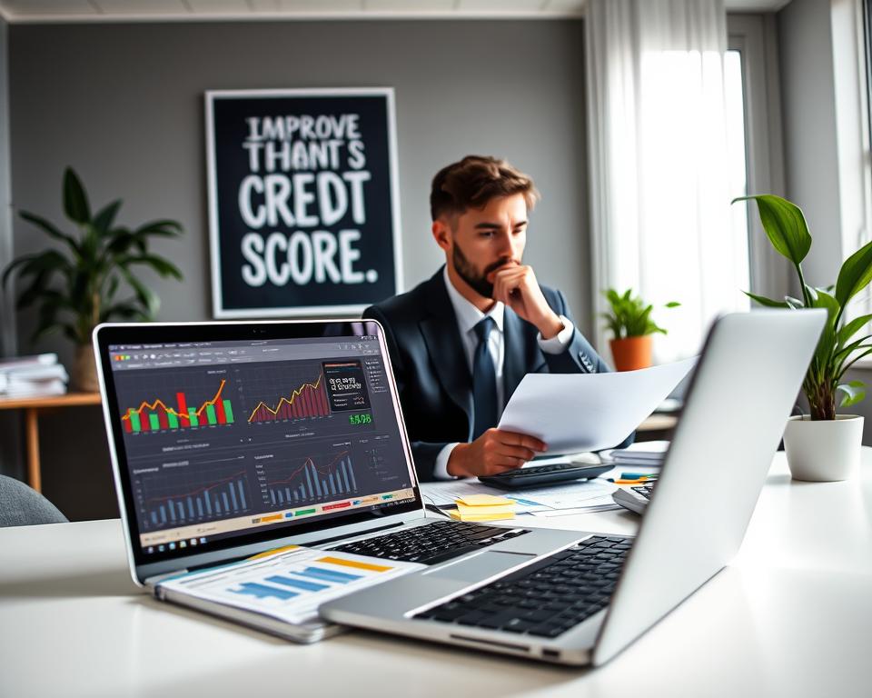 A professional workspace illustrating the concept of improving a credit score, with a modern desk in the foreground featuring a laptop displaying graphs and charts related to credit scores. The middle layer includes a focused individual in business attire, thoughtfully reviewing financial documents, with a stack of colorful sticky notes and a calculator close by. In the background, a motivational poster on the wall emphasizes financial growth and success, while a potted plant adds a touch of greenery. Soft, natural lighting floods the room, creating a warm and inviting atmosphere, and the camera is positioned at a slight angle to emphasize the busy yet organized workspace. The overall mood is professional and inspiring, encouraging proactive financial management.