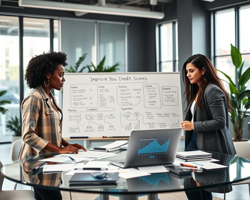 A professional workspace illustrating the concept of improving a credit score. In the foreground, a diverse group of three business professionals—one Black woman, one Asian man, and one Hispanic woman—are engaged in a collaborative discussion around a modern glass table littered with charts and a laptop displaying a credit score graph. The middle ground features a large whiteboard filled with workflow diagrams and notes detailing steps to enhance credit scores, like payment reminders and budgeting plans. The background consists of a well-lit office space with large windows, soft natural light pouring in, and plants adding a touch of calm. The mood is focused and optimistic, showcasing productivity and teamwork in action.