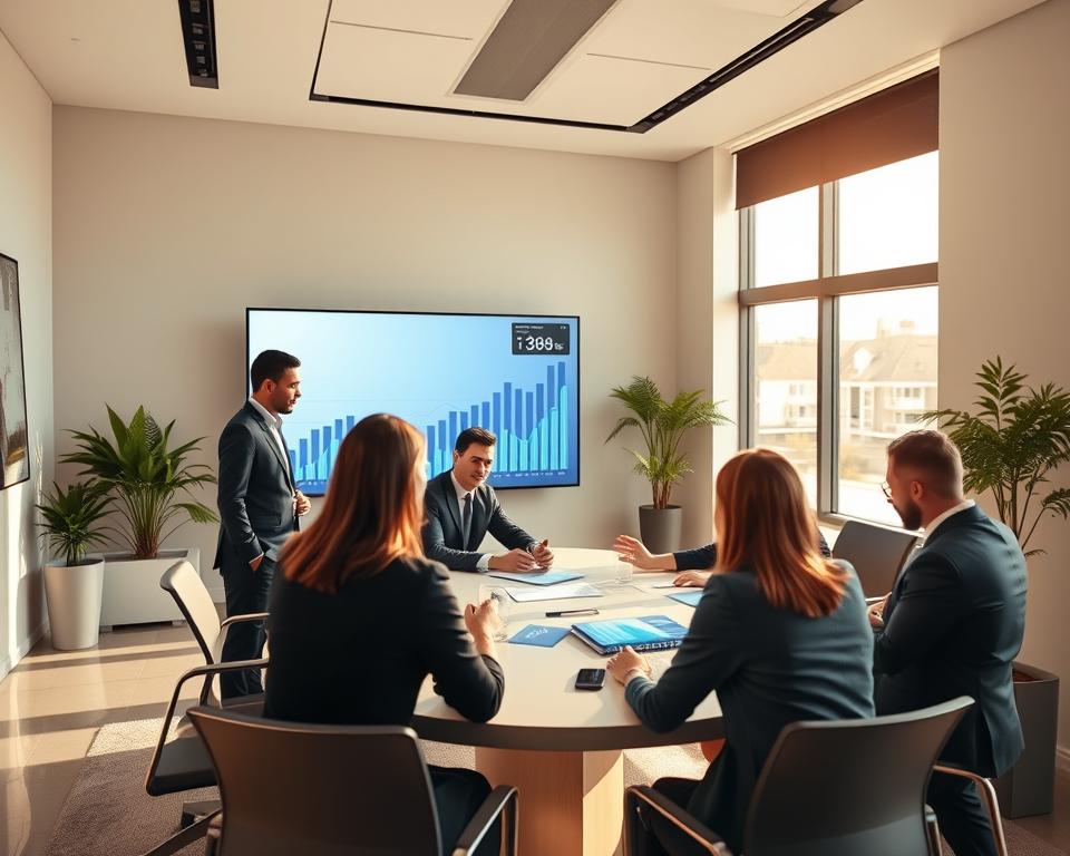A serene office environment depicting a professional business setting with a focus on financial efficiency. In the foreground, a diverse group of business professionals in smart attire, engaged in a collaborative discussion around a large conference table, with financial graphs and charts displayed on a digital screen. In the middle ground, a large window reveals a bright, sunny day, symbolizing optimism. The background features minimalistic modern decor with potted plants, enhancing a sense of calm and productivity. The lighting is warm and inviting, creating a motivational atmosphere. The camera angle is slightly elevated, capturing the interaction and the sense of teamwork, emphasizing the positive impact of lower interest rates on business collaboration and growth.