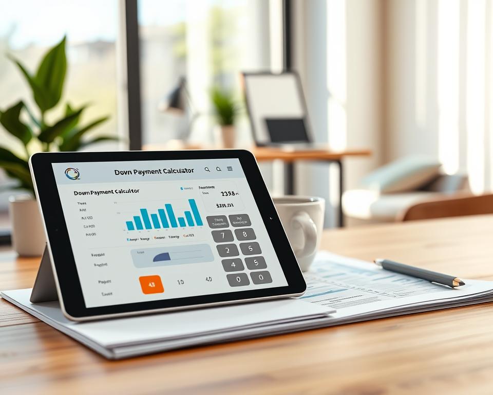 A sleek, modern down payment calculator displayed on a digital tablet, positioned prominently in the foreground. The tablet's screen shows an interactive interface with graphs and sliders, depicting various savings scenarios. A set of professional business documents lies next to the tablet, symbolizing financial planning. In the middle ground, a comfortable workspace with a stylish desk, a cup of coffee, and a potted plant creates an inviting atmosphere. Soft, natural light streams in from a large window in the background, casting gentle shadows and enhancing the warm mood of the scene. The angle is slightly tilted to capture both the calculator and the workspace's inviting details, reflecting focus and productivity. No text, purely visual.